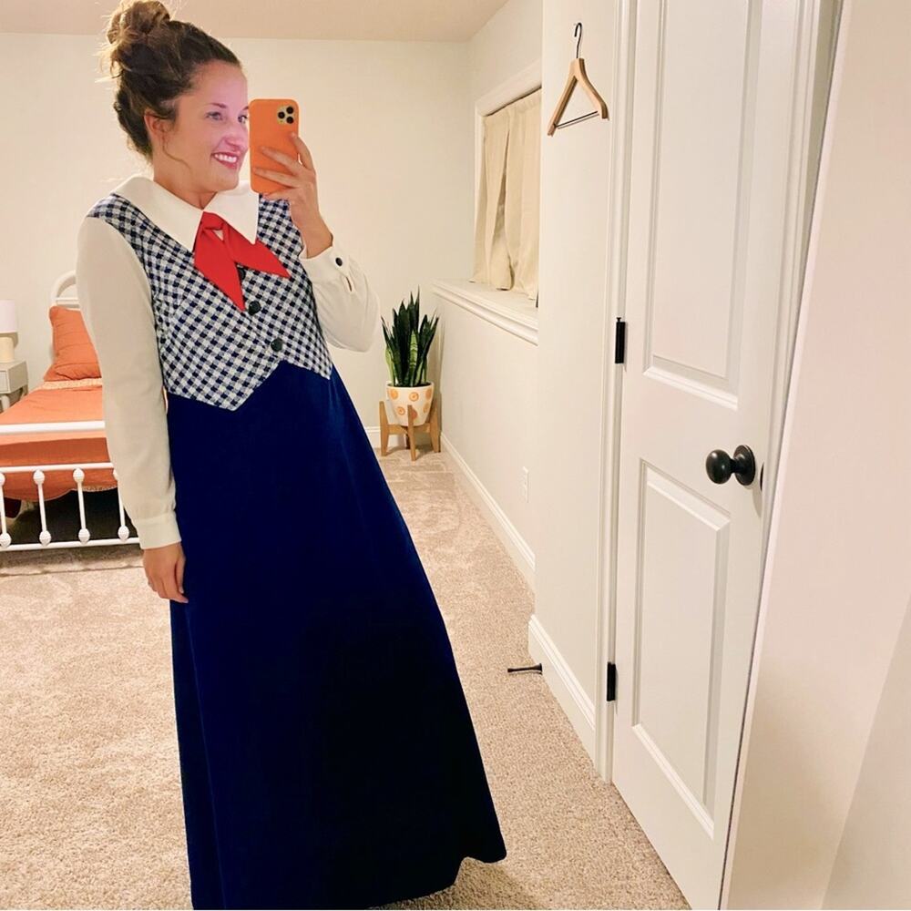 Vintage Blue Plaid White Collared Maxi Dress Medium